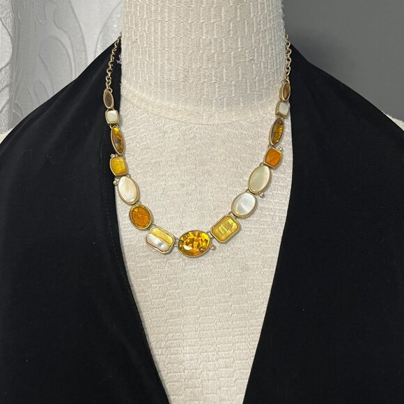 Fall inspired Yellow Orange Brown and Mother of Pearl Necklace 19" - Picture 2 of 9